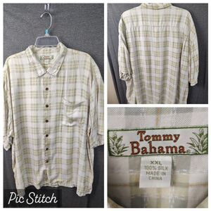 Tommy Bahama Shirt Mens XXL 100% Silk Yellow Short Sleeve Textured Plaid